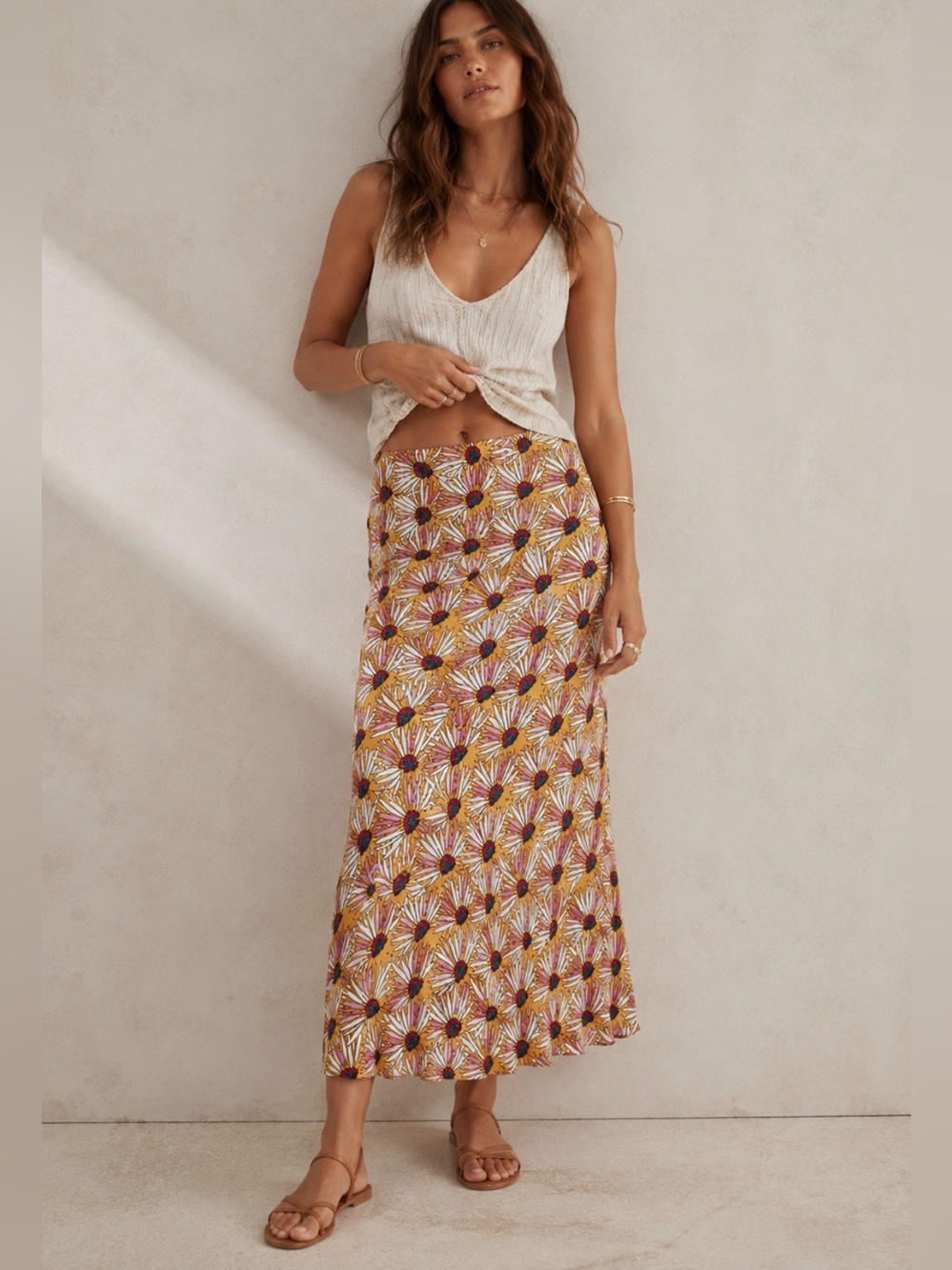 Free People a line silky floral boho maxi skirt pink yellow xs 0